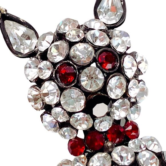 VTG Mid Century Figural Rhinestone Cat Brooch Clear Red Black Glass Stones Pin - Picture 3 of 11